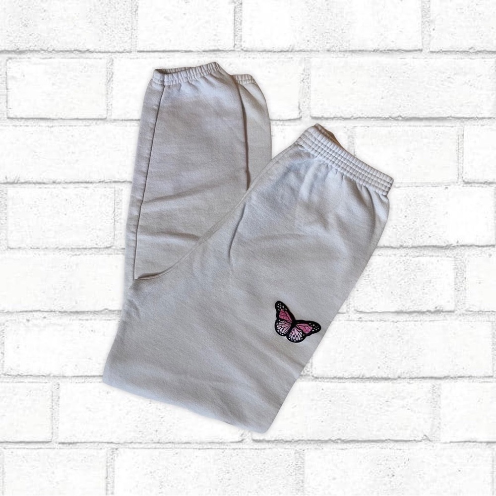 Port & Company White High Waisted Patch Embroidered Pink Butterfly Sweat Pants